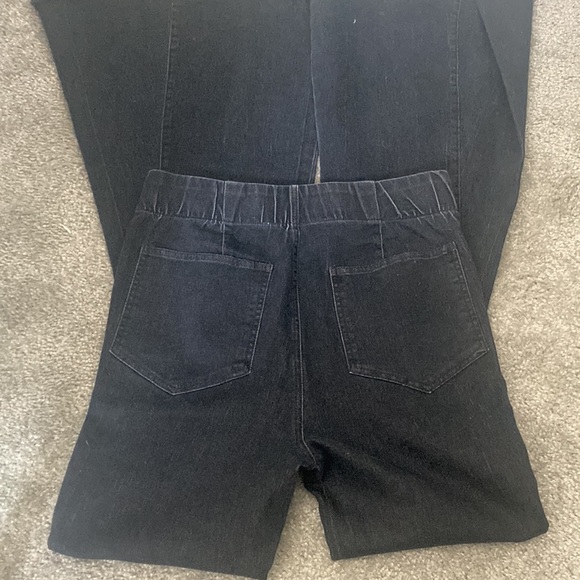 Back to Black Flare Jeans - Pull on Black Distressed Slit Knee Denim Bell Bottom - Picture 7 of 10